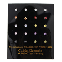 Cubic Zircon (CZ) Stud Earring, Stainless Steel, with cubic zirconia & faceted, mixed colors, 3x3x12.50mm, 10Pairs/Box, Sold By Box