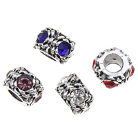 Tibetan Style European Beads, Rondelle, antique silver color plated, without troll & with rhinestone, more colors for choice, lead & cadmium free, 7x11mm, Hole:Approx 4mm, 10PCs/Bag, Sold By Bag