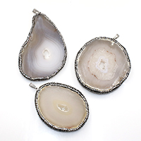 Ice Quartz Agate Pendant, with brass bail & Rhinestone Clay Pave, Nuggets, platinum color plated, natural, 47.5-44.5x58.5-79.5x5mm, Hole:Approx 3x8mm, 5PCs/Lot, Sold By Lot
