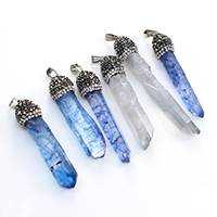 Quartz Gemstone Pendants, with brass bail & Rhinestone Clay Pave, Nuggets, platinum color plated, more colors for choice, 11.5-12.5x48-66mm, Hole:Approx 3.5x8mm, 10PCs/Lot, Sold By Lot