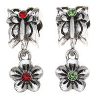 European Style Tibetan Style Dangle Beads, Flower, antique silver color plated, without troll & with rhinestone, more colors for choice, lead & cadmium free, 10x25x9mm, Hole:Approx 4mm, 10PCs/Bag, Sold By Bag