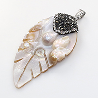 Natural Pink Shell Pendants, with brass bail & Rhinestone Clay Pave, Leaf, platinum color plated, 26x50x8mm, Hole:Approx 3.5x7.5mm, 10PCs/Lot, Sold By Lot