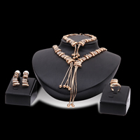 Tibetan Style Jewelry Sets, finger ring & bracelet & earring & necklace, with plastic earnut, stainless steel post pin, with 5cm extender chain, rose gold color plated, adjustable & with rhinestone, lead & cadmium free, 13x30mm, 15x15mm, US Ring Size:6-9, Length:Approx 6.5 Inch, Approx 15.5 Inch, Sold By Set