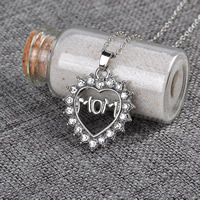 Tibetan Style Jewelry Necklace, with iron chain, with 5cm extender chain, Heart, word mom, silver color plated, oval chain & with rhinestone, lead & cadmium free, 30x30mm, Sold Per Approx 19.6 Inch Strand