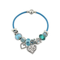 European Bracelet Zinc Alloy with PU Leather & Crystal & Lampwork Heart antique silver color plated & enamel & faceted & with rhinestone nickel lead & cadmium free Sold By Strand