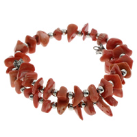 Natural Coral Memory Wire Bracelet, with Tibetan Style, platinum color plated, red, 2x15x5mm-4x17x6mm, Inner Diameter:Approx 60mm, Length:Approx 7 Inch, Sold By PC