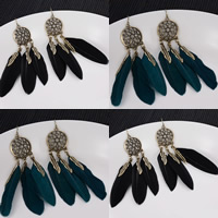 Fashion Feather Earring Zinc Alloy with Feather iron earring hook antique bronze color plated lead & cadmium free 100mm Sold By Pair