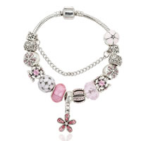 European Bracelet Zinc Alloy with brass chain & Crystal & Lampwork Flower antique silver color plated & enamel & faceted & with rhinestone nickel lead & cadmium free Sold By Strand