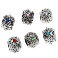 Tibetan Style European Beads, Drum, antique silver color plated, without troll & with rhinestone, more colors for choice, lead & cadmium free, 8x10x12mm, Hole:Approx 5mm, 10PCs/Bag, Sold By Bag
