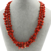 Natural Coral Necklace, with Crystal, brass spring ring clasp, 3-strand & faceted, 4x10mm-6x12x8mm, Sold Per Approx 19.5 Inch Strand