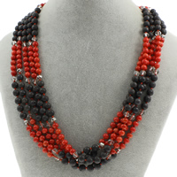 Natural Coral Necklace, with Lava & Crystal, brass spring ring clasp, 5-strand & faceted, 6mm, Sold Per Approx 17 Inch Strand