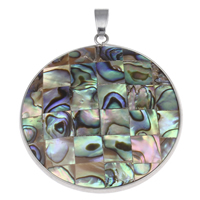 Natural Abalone Shell Pendants with brass bail Flat Round platinum color plated mosaic Approx Sold By Bag