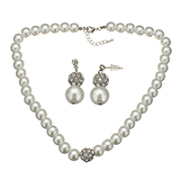 Glass Pearl Jewelry Set, fülbevaló & nyaklánc, -val gumi earnut & Cink ötvözet, sárgaréz fülbevaló poszt, -val 2lnch extender lánc, platina színű bevont, strasszos, 11.5x12mm, 9x10mm, 12x24.5mm, 29.5mm, Hossz Kb 17 inch, 10készletek/Lot, Által értékesített Lot