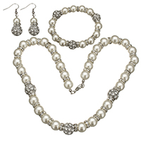 Glass Pearl Jewelry Set, bracelet & earring & necklace, with rhinestone brass spacer & Tibetan Style, brass earring hook, platinum color plated, with rhinestone, 12x12mm, 9x10mm, 11.5x12mm, 9x10mm, 12x26mm, 43mm, Length:Approx 17 Inch, Approx 7 Inch, 5Sets/Lot, Sold By Lot