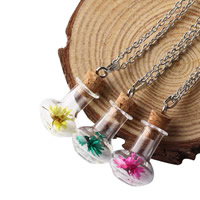 Zinc Alloy Jewelry Necklace with wood stopper & Glass platinum color plated with dried flower & oval chain Length Approx 16.5 Inch Sold By Lot
