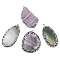 Lace Agate Pendants, with brass bail & Rhinestone Clay Pave, platinum color plated, mixed, Grade AAA, 22x40x6mm-32x45x7mm, Hole:Approx 2mm, 10PCs/Bag, Sold By Bag