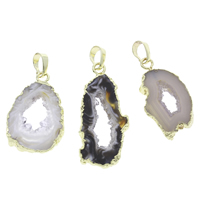 Natural Agate Druzy Pendant, Ice Quartz Agate, with brass bail, Nuggets, gold color plated, druzy style, mixed colors, Grade AAA, 18x33x5mm-20x40x4mm, Hole:Approx 4x6mm, 10PCs/Bag, Sold By Bag