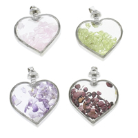 Gemstone Pendants Jewelry, with Glass & Brass, Heart, platinum color plated, Grade AAA, 32x38x12mm, Hole:Approx 3x5mm, 10PCs/Bag, Sold By Bag
