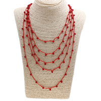 Natural Coral Necklace, with Nylon Cord, brass lobster clasp, 5-strand, red, 4mm, Length:Approx 19.5 Inch, 12Strands/Lot, Sold By Lot