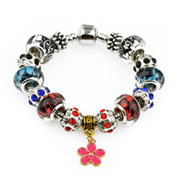 European Bracelet, Tibetan Style, with brass chain & Lampwork, Flower, plated, different length for choice & enamel & with rhinestone, nickel, lead & cadmium free, Sold By Strand