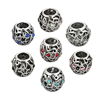 Tibetan Style European Beads, Drum, antique silver color plated, without troll & with rhinestone & hollow, more colors for choice, nickel, lead & cadmium free, 10x9mm, Hole:Approx 5mm, 100PCs/Lot, Sold By Lot
