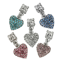 European Style Zinc Alloy Dangle Beads Heart platinum color plated with rhinestone nickel lead & cadmium free 27.5mm  Approx 4mm Sold By Lot
