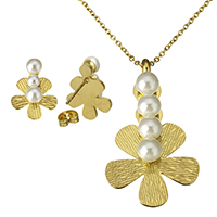 Fashion Stainless Steel Jewelry Sets, earring & necklace, with Glass Pearl, with 2lnch extender chain, Flower, gold color plated, oval chain, 30x53x10.5mm, 2x2.5x0.5mm, 14x18x19mm, Length:Approx 17 Inch, 10Sets/Lot, Sold By Lot