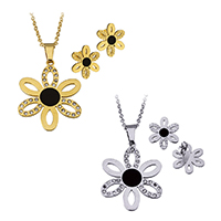 Rhinestone Stainless Steel Jewelry Set, earring & necklace, Flower, plated, oval chain & enamel & with rhinestone, more colors for choice, 29x35x2mm, 2x2.5x0.5mm, 16x18x12.5mm, Length:Approx 17 Inch, 10Sets/Lot, Sold By Lot