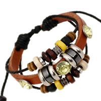 Cowhide Bracelet, with Linen & Non Magnetic Hematite & Rhinestone & Wood & Tibetan Style, plated, adjustable & 3-strand & with rhinestone, Sold Per 6.7-12 Inch Strand