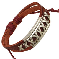 Cowhide Bracelet, with Linen & Tibetan Style, platinum color plated, adjustable & 3-strand, Sold Per 6.7-12 Inch Strand