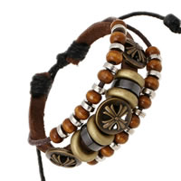 Cowhide Bracelet, with Linen & Non Magnetic Hematite & Wood & Tibetan Style, plated, adjustable & 3-strand, Length:6.7-12 Inch, 10Strands/Lot, Sold By Lot