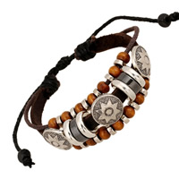 Cowhide Bracelet with Linen & Non Magnetic Hematite & Wood & Zinc Alloy plated with rivet stud & adjustable &  Sold Per 6.7-12 Inch Strand