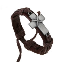 Cowhide Bracelet, with Linen & Tibetan Style, Cross, antique silver color plated, adjustable, Sold Per 6.7-12 Inch Strand