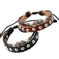 Cowhide Bracelet, with Linen & Wood & Tibetan Style, plated, adjustable & 3-strand, more colors for choice, Sold Per 6.7-12 Inch Strand