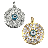 Cubic Zirconia Micro Pave Brass Pendant, Flat Round, plated, with eye pattern & micro pave cubic zirconia & epoxy gel, more colors for choice, nickel, lead & cadmium free, 10x13x3mm, Hole:Approx 1.5mm, 10PCs/Lot, Sold By Lot