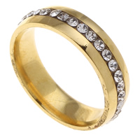 Liquidación moda anillo de dedo, acero inoxidable, Donut, chapado en color dorado, con diamantes de imitación, 24x6mm, tamaño:9, Vendido por UD