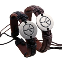 Cowhide Bracelet, with Linen & Tibetan Style, Peace Logo, antique silver color plated, adjustable, more colors for choice, Sold Per 6.7-12 Inch Strand