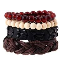 Cowhide Bracelet Set, with Linen & Red Agate & Wood, natural & adjustable & woven pattern, Length:6.7-12 Inch, 4Strands/Set, Sold By Set