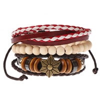 Cowhide Bracelet Set with Linen & Non Magnetic Hematite & Wood & Zinc Alloy plated adjustable Length 6.7-12 Inch Sold By Set