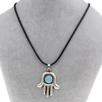 Zinc Alloy Jewelry Necklace with Waxed Linen Cord & Turquoise with 5cm extender chain Hamsa antique silver color plated Islamic jewelry lead & cadmium free Sold Per Approx 16.5 Inch Strand