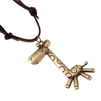 Cowhide Necklace with Linen & Zinc Alloy Giraffe antique bronze color plated can be used as necklace or sweater necklace & adjustable Sold Per 19.6-31.5 Inch Strand