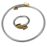 Roestvrij staal sieraden sets, armband & vinger ring, plated, verstelbaar & two tone, 2.5mm, 2.5mm, Binnendiameter:Ca 53.5mm, Maat:7, Lengte Ca 7.5 inch, 12sets/Lot, Verkocht door Lot