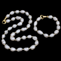 Naturliga Odlade Sötvatten Pearl Jewelry Sets, armband & halsband, Freshwater Pearl, med Mässing, Barock, guldfärg pläterade, blomma snitt, vit, 9-10mm, Längd Ca 19.5 inch, Ca 7 inch, Säljs av Ställ