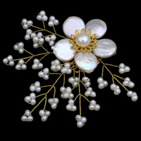 Freshwater Pearl Brooch, with Cultured Freshwater Nucleated Pearl & Brass, Flower, gold color plated, natural, white, 9-10mm, 83x78x13mm, Sold By PC
