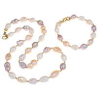 Natural Cultured Freshwater Pearl Jewelry Sets bracelet & necklace with Brass Baroque gold color plated corrugated 9-10mm Length Approx 19.5 Inch Approx 7 Inch Sold By Set