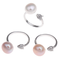 Freshwater Pearl Finger Ring, Brass, with Freshwater Pearl, Fox, platinum color plated, natural & open & micro pave cubic zirconia, more colors for choice, nickel, lead & cadmium free, 11-12mm, 12x28x20mm, US Ring Size:7, Sold By PC