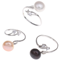 Freshwater Pearl Finger Ring Brass with Freshwater Pearl platinum color plated open & with rhinestone nickel lead & cadmium free 11-12mm US Ring Sold By PC