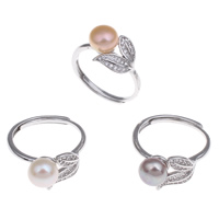 Brass Open Finger Ring, with Freshwater Pearl, Leaf, platinum color plated, natural & adjustable & micro pave cubic zirconia, more colors for choice, nickel, lead & cadmium free, 7-8mm, 12x28x21mm, US Ring Size:8, Sold By PC