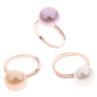 Freshwater Pearl Finger Ring Brass with Freshwater Pearl Button rose gold color plated natural & micro pave cubic zirconia nickel lead & cadmium free 11-12mm US Ring Sold By PC