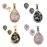 Fashion Stainless Steel Jewelry Sets, pendant & earring, with Shell, Teardrop, plated, natural & epoxy gel, more colors for choice, 13x19.5x5mm, 13x16x16.5mm, Hole:Approx 2.5x5.5mm, 10Sets/Lot, Sold By Lot